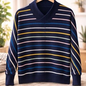 Talbots Striped Sweatshirt Pullover | Medium Petite | Navy Cozy Top